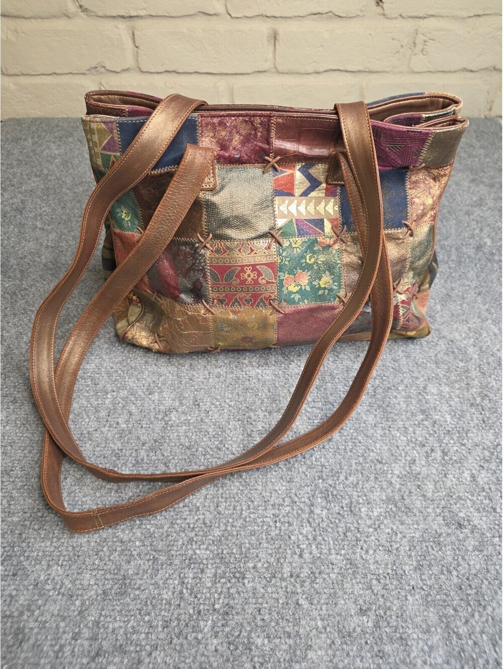 VTG Braccialini Patchwork Leather Shoulder Bag Boho Multicolor Made In Italy